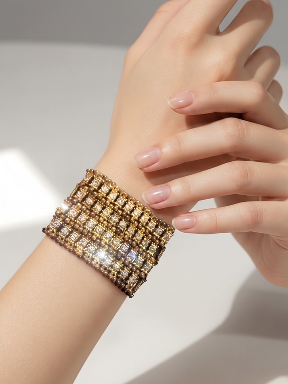 Sparkling Gold Wide Crystal Mesh Bracelet for Women